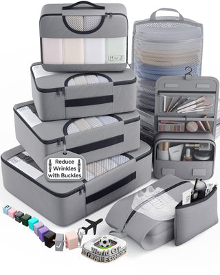 Veken 10 Set/8 Set Packing Cubes for Travel Essentials,Anti-Wrinkle Buckled Suitcase Organizer for Shoe & Toiletry Bag,Carry On Luggage Bag for Airplane & College Dorm Room Accessories,Women Men Gifts