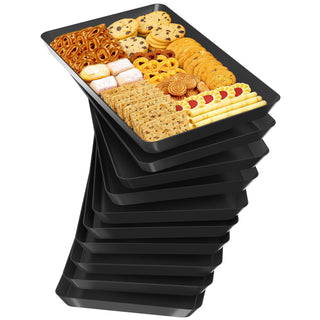 SpaceTrove 4-Pack Serving Tray Set, Reusable Plastic Serving Platter for Party Supplies, Entertaining, Grilling Accessories, Stackable Kitchen Snack Box Container for Dessert, Fruit, Cookie, (Black)