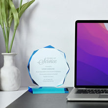 Engraved Trophy - Sky Blue Acrylic - Award for Employees - Personalized Engraving Up to Three Lines and Pre-Written Verse Selection