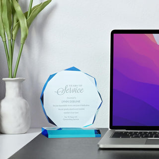 Engraved Trophy - Sky Blue Acrylic - Award for Employees - Personalized Engraving Up to Three Lines and Pre-Written Verse Selection