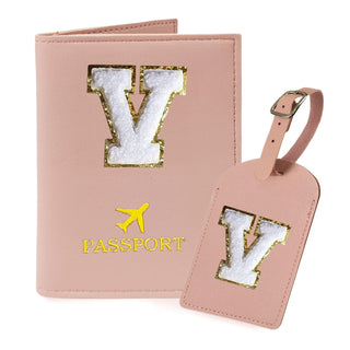 COSHAYSOO Purple Passport Cover Holder and Initial Luggage Tag Set TSA Approved with Personalized Monogram Chenille Letter Patch for Women Teen Girls, Cute Travel Bag Suitcase Identifier (A)