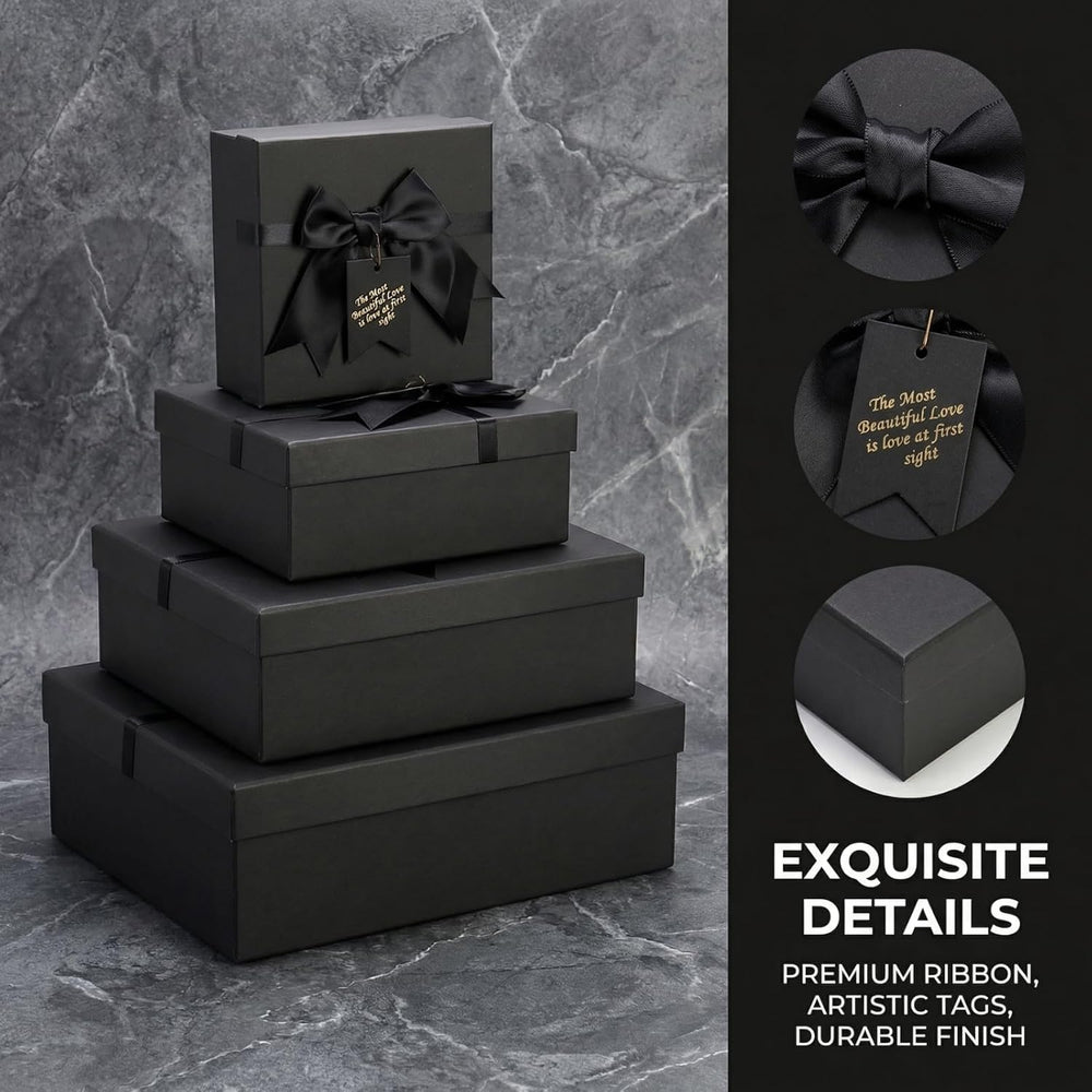 ZENFUN 5 Pack Black Nested Gift Boxes with Lid for Valentine's Presents, 5 Sizes Luxury Packaging Box with Ribbon Bows and Label Gift Wrap for Thanksgiving Birthday, Weddings, Mother's Day 13.7'' to 5.1''