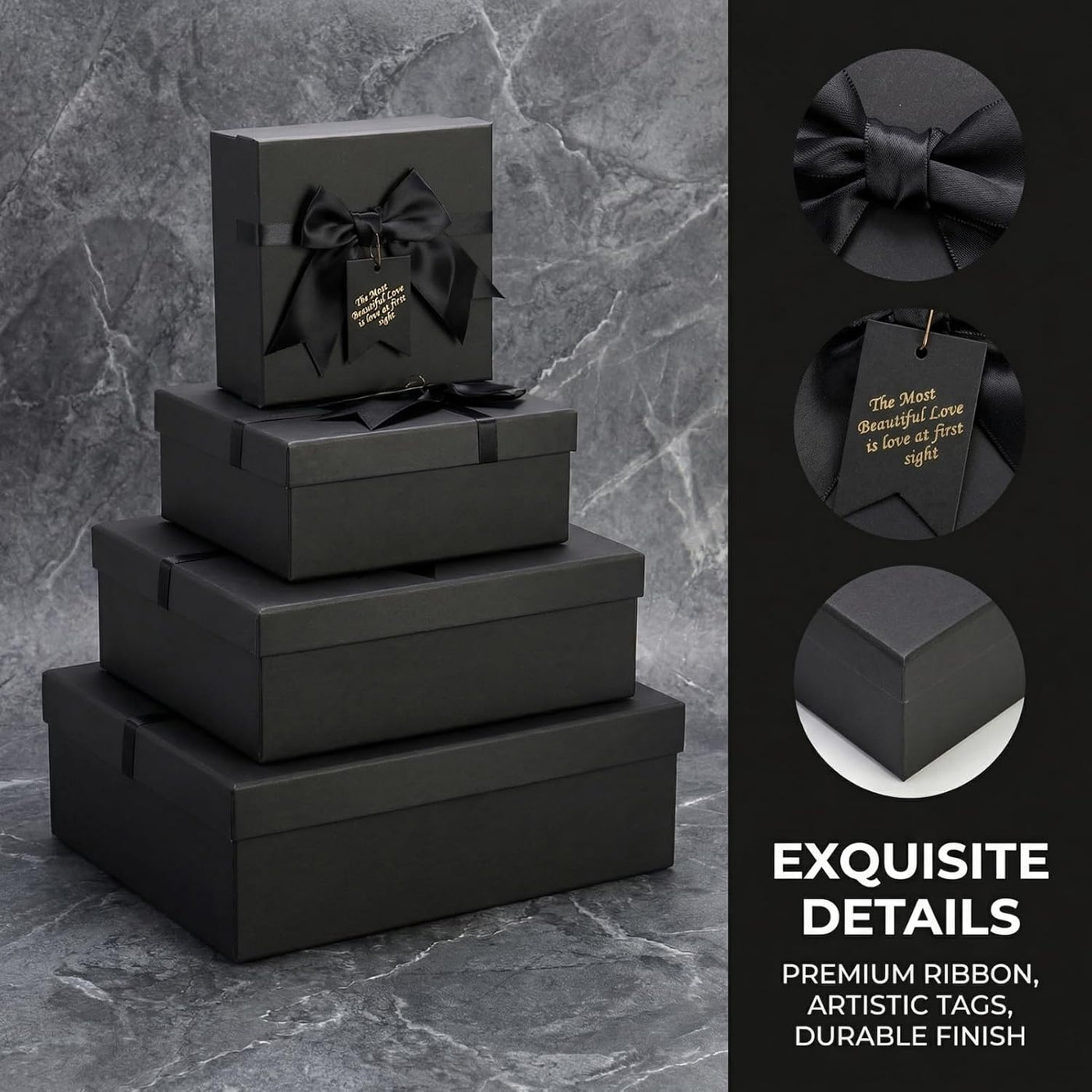 ZENFUN 5 Pack Black Nested Gift Boxes with Lid for Valentine's Presents, 5 Sizes Luxury Packaging Box with Ribbon Bows and Label Gift Wrap for Thanksgiving Birthday, Weddings, Mother's Day 13.7'' to 5.1''