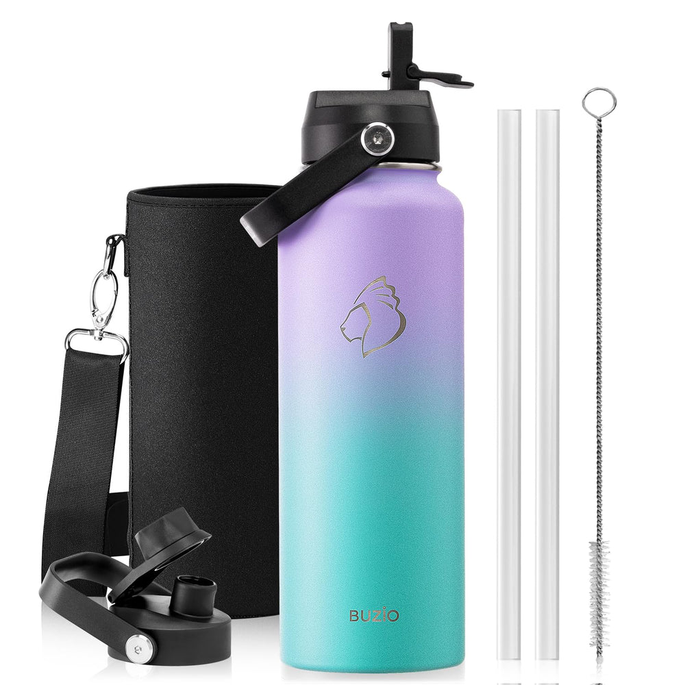 BUZIO 40oz Insulated Water Bottle, Triple Wall Vacuum Stainless Steel Water Flask with 2 lids, Lead-Free BPA-Free Straw Lid Sports Canteen Jug, Cold 48H & Hot 24H- Black