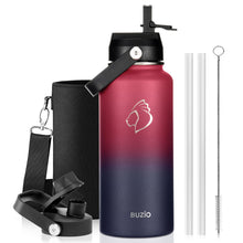 BUZIO 40oz Insulated Water Bottle, Triple Wall Vacuum Stainless Steel Water Flask with 2 lids, Lead-Free BPA-Free Straw Lid Sports Canteen Jug, Cold 48H & Hot 24H- Black