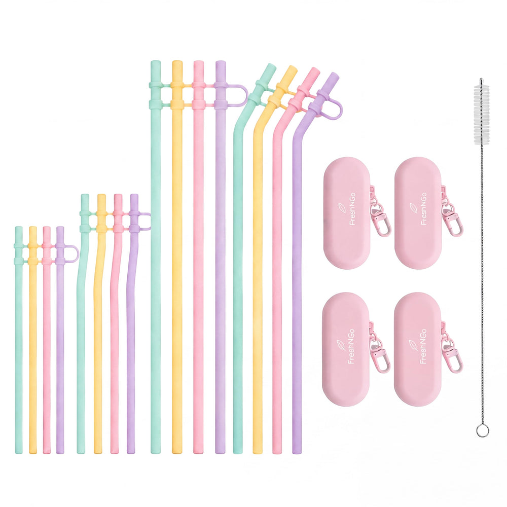 11.6‘’ Long Silicone Straws, 10PCS Reusable Travel Set with Caps and Case, 4 Bent Straws for Tumblers, Water Bottles, Travel Mugs, Hot and Iced Drinks