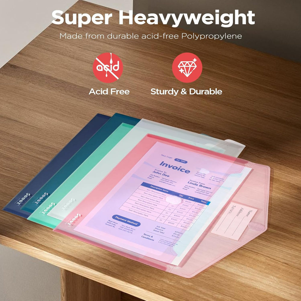 Sooez 10Pack Plastic Envelopes, Plastic File Folders, Clear Folders for Documents Trendy Colors, Super Heavyweight Document Holders, Storage Pouches, File Envelopes for School Office Supplies