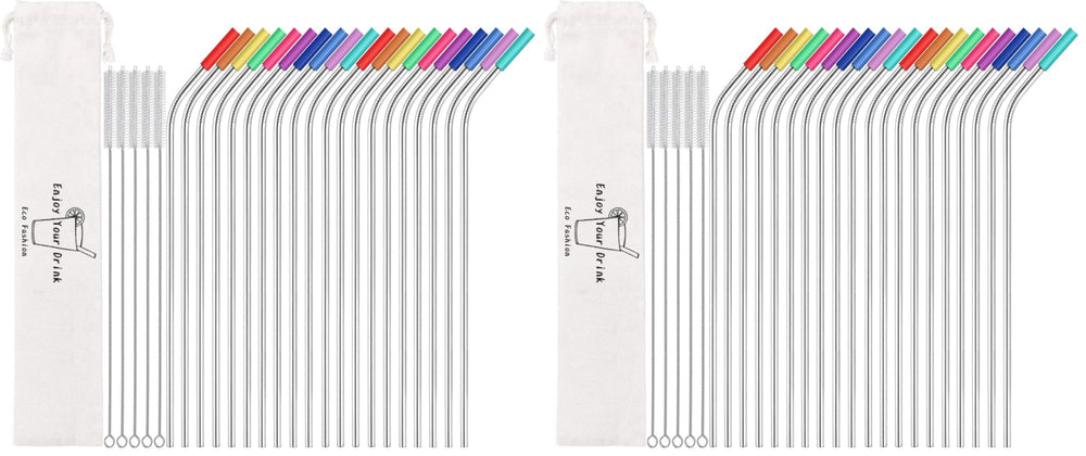 MUTNITT Set of 20 10.5" Reusable Bent Stainless Steel Straws with 20 Silicone Tips 5 Cleaning Brush 1 Travel Case Eco Friendly Extra Long Metal Straw Drinking for 20 24 30 oz Tumbler