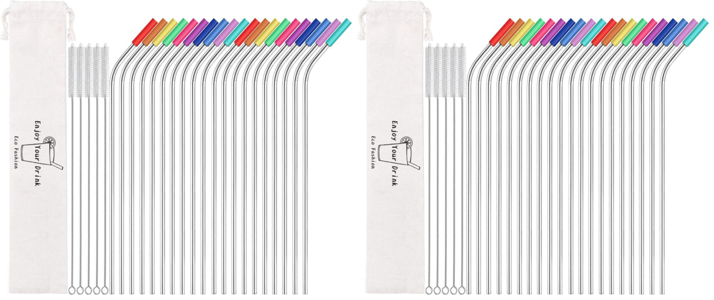 MUTNITT Set of 20 10.5" Reusable Bent Stainless Steel Straws with 20 Silicone Tips 5 Cleaning Brush 1 Travel Case Eco Friendly Extra Long Metal Straw Drinking for 20 24 30 oz Tumbler
