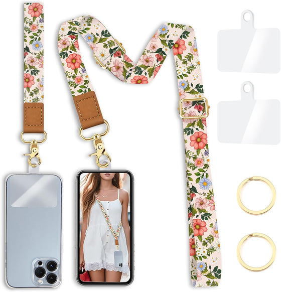 Yonlevres Flower Phone Lanyard Crossbody Strap, Floral Cell Phone Lanyards for around the Neck Wristlet Wrist Strap Adjustable for Keys Case Accessories Travel Essentials