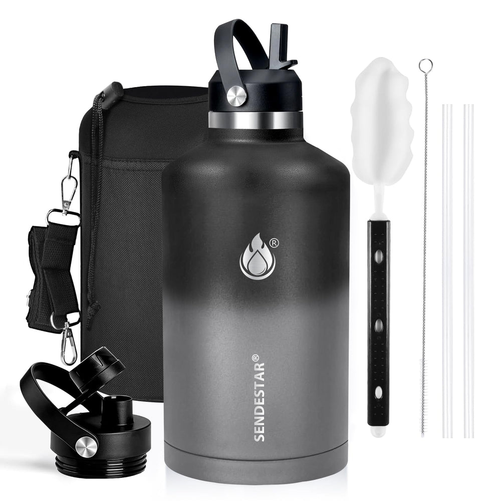 SENDESTAR Water Bottle 32oz Double Wall Vacuum Insulated Leak Proof Stainless Steel Sports Water Bottle—Wide Mouth with New Flex Straw Lid & Spout Lid (Deep Blue&Black)