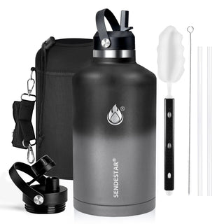 SENDESTAR Water Bottle 32oz Double Wall Vacuum Insulated Leak Proof Stainless Steel Sports Water Bottle—Wide Mouth with New Flex Straw Lid & Spout Lid (Deep Blue&Black)