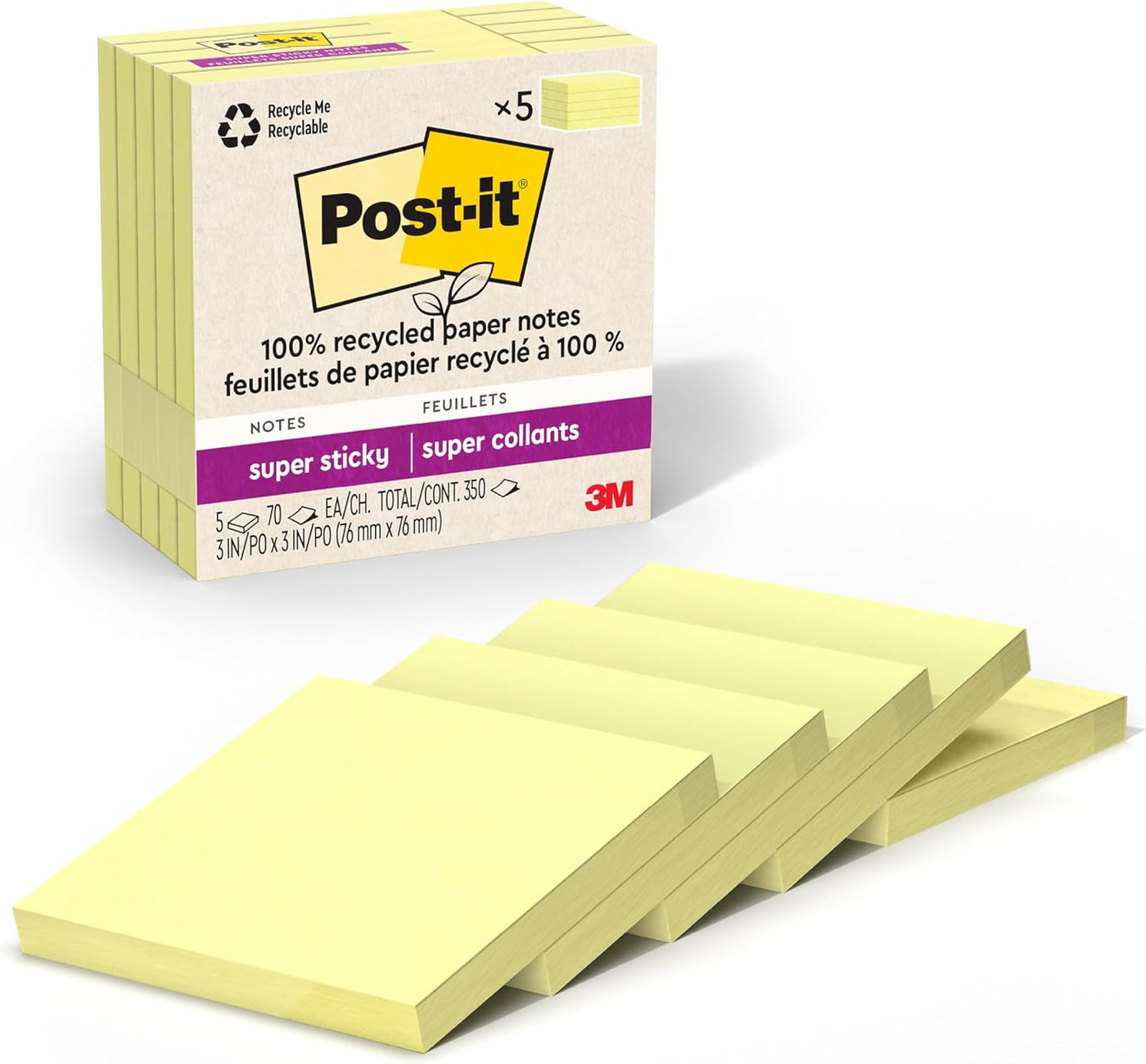 Post-it 100% Recycled Paper Super Sticky Notes, Canary Yellow, 3 in. x 3 in., 5 Sticky Note Pads, 70 Sheets per Pad, Back to School Supplies and Office Products