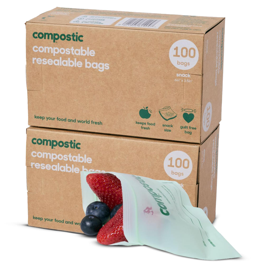 Compostic Compostable Snack Bags, Snack Size (60 Count) Starter Pack — Resealable Zip-Seal, Plant-Based, Home Compostable, Freezer Safe, BPA-Free, Non-Toxic, GMO-Free Food Storage Bags