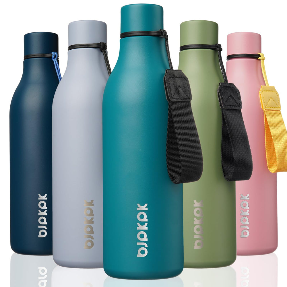 BJPKPK Insulated Water Bottles, 18 oz Stainless Steel Metal Water Bottle with Strap, BPA Free Leak Proof Jugs, Mugs, Flasks, Reusable Thermal Flasks for Sports & Travel, Orange