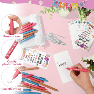 Marspark 30 Set Welcome Back to School Gifts Bulk Ballpoint Pens and Greeting Cards Set with Bags Twist Ties Composition First Day of School Gifts for Teacher Student Classroom Party Favors Supplies