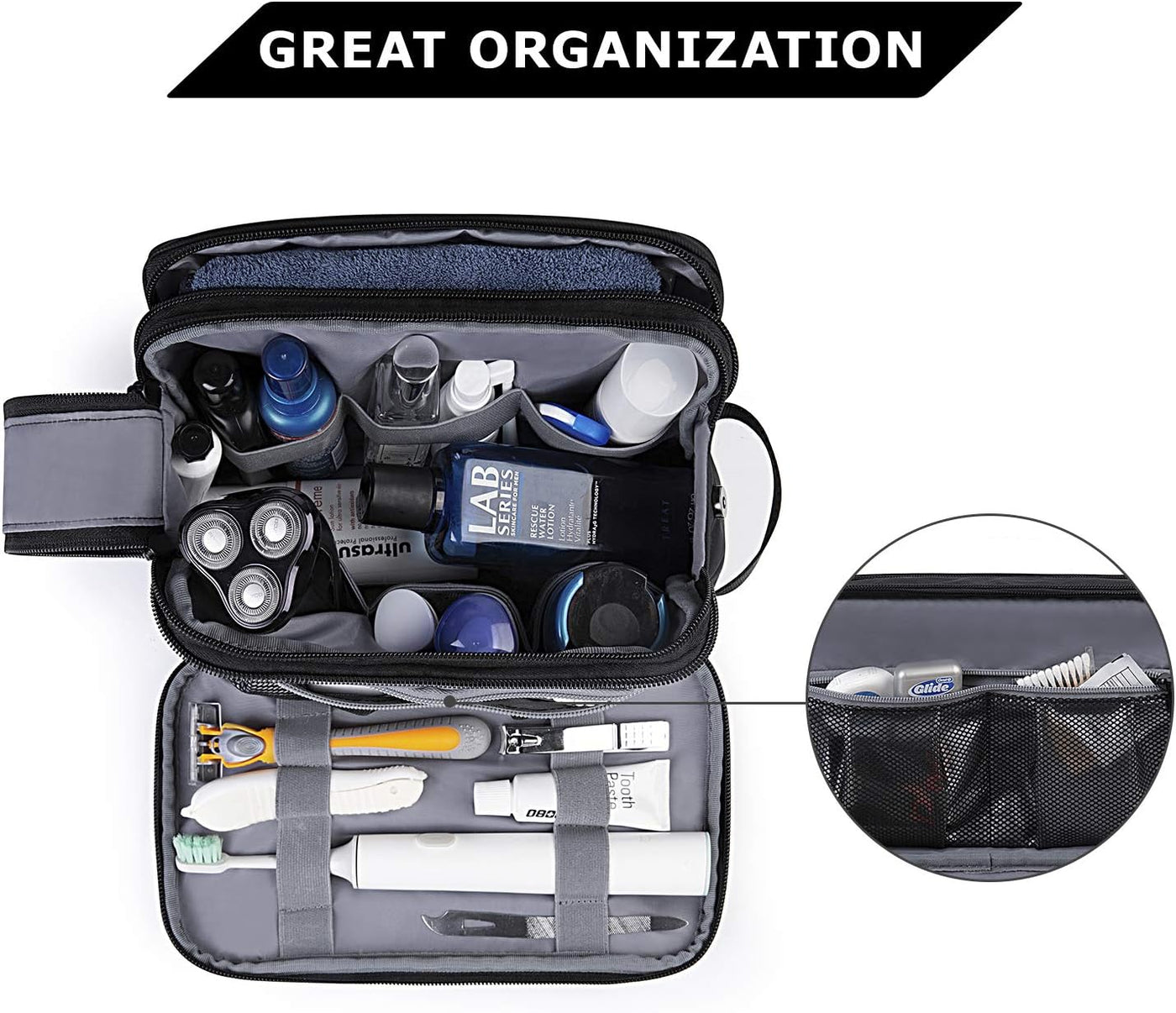 BAGSMART Toiletry Bag for Men, Travel Toiletry Organizer Dopp Kit Water-resistant Shaving Bag for Toiletries Accessories, Door Room Essentials, Black-medium