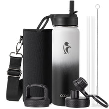 Water Bottle 40 oz Insulated with Straw&Brush, Coolflask Vaccum Stainless Steel Metal 3 Lids Water Flask for Sports, Gym or Office, Keep Cold 48H Hot 24H, Magic Black