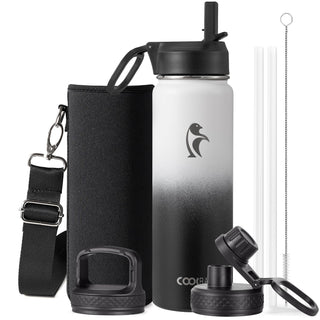 Water Bottle 40 oz Insulated with Straw&Brush, Coolflask Vaccum Stainless Steel Metal 3 Lids Water Flask for Sports, Gym or Office, Keep Cold 48H Hot 24H, Magic Black