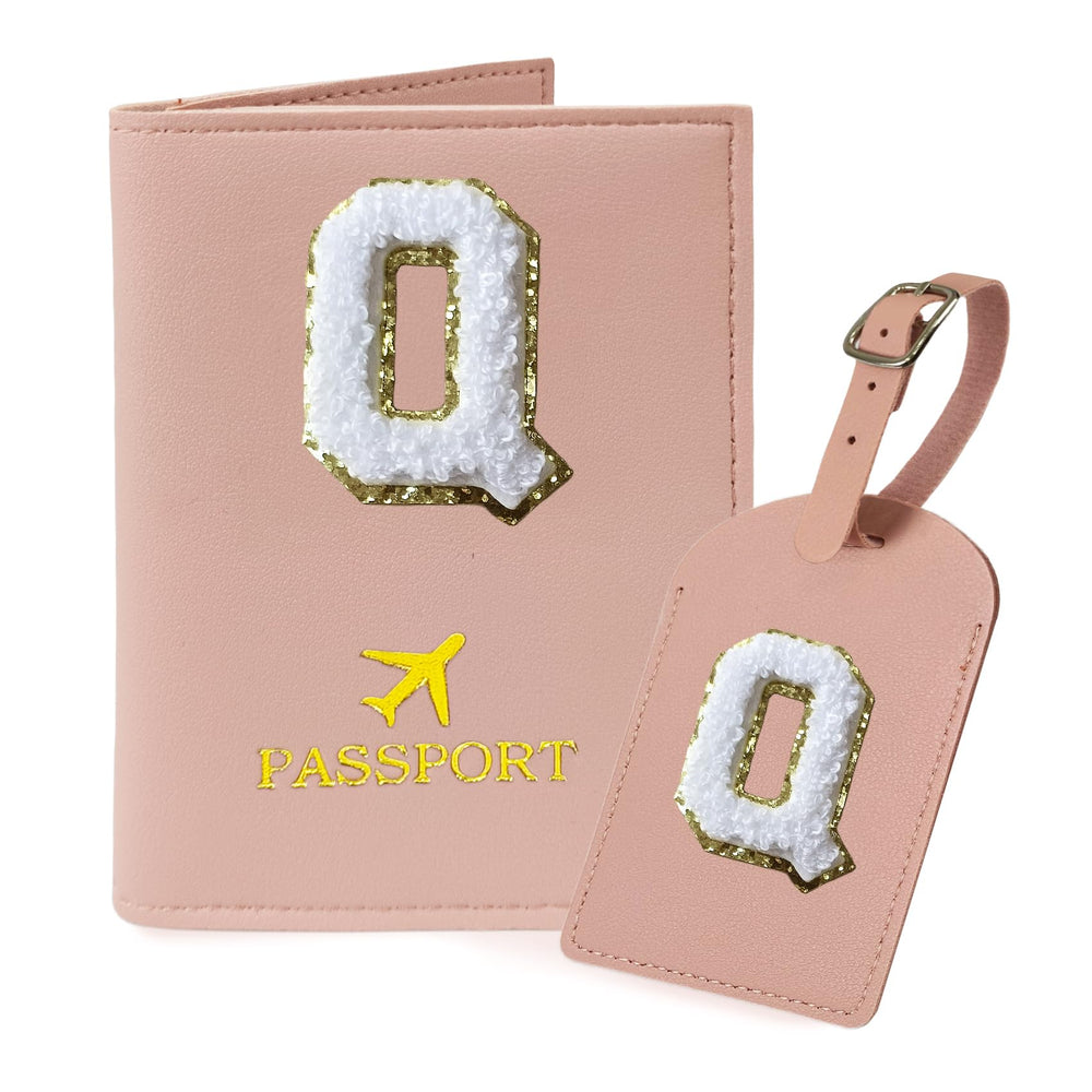 COSHAYSOO Purple Passport Cover Holder and Initial Luggage Tag Set TSA Approved with Personalized Monogram Chenille Letter Patch for Women Teen Girls, Cute Travel Bag Suitcase Identifier (A)