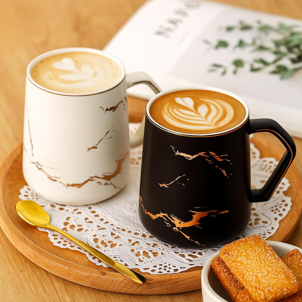 ZENFUN 2 Pack Ceramic Mug Set for Couple, Coffee Mugs with Gift Box, Engagement Wedding Gift 13.5 oz Porcelain Mug Set with Lid and Gold Spoon Marbling, His and Hers, Christmas( Black&White)