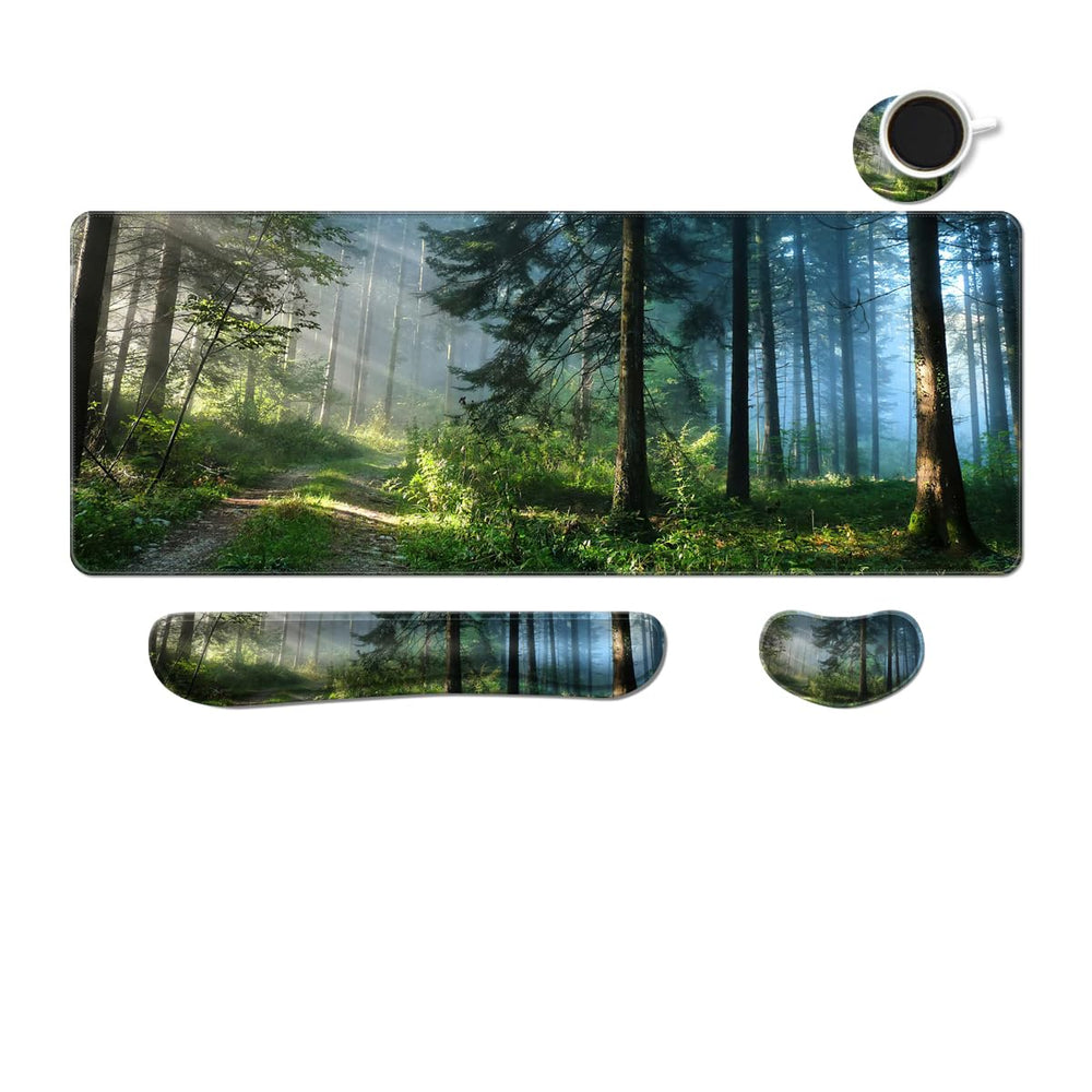 Desk Mat, Large Gaming Mouse Pad with Wrist Rest, 4 in1 XXL Mouse pad+Keyboard Wrist Rest+Mouse Pad Wrist Support+Cup Coaster Set, Ergonomic Desk Pad for Home Office, Trees Library