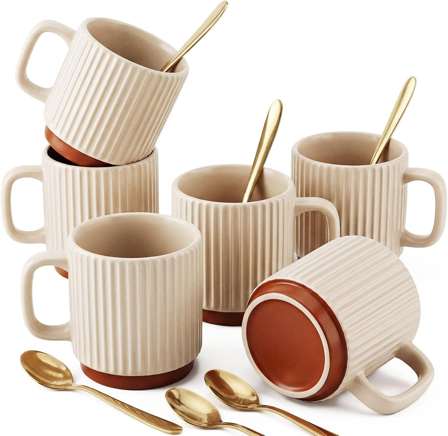 6 Set Ceramic Coffee Mugs with Gold Spoons, 8.8 oz Textured Ribbed Coffee Cups for Latte & Cappuccino, Modern Farmhouse Tea Mugs with Handle, Dishwasher & Microwave Safe(Beige)
