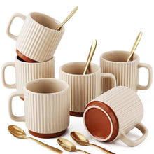 6 Set Ceramic Coffee Mugs with Gold Spoons, 8.8 oz Textured Ribbed Coffee Cups for Latte & Cappuccino, Modern Farmhouse Tea Mugs with Handle, Dishwasher & Microwave Safe(Beige)