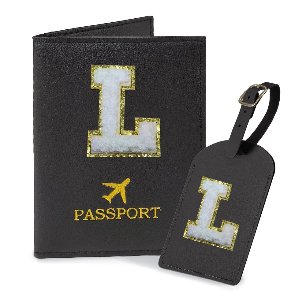 COSHAYSOO Purple Passport Cover Holder and Initial Luggage Tag Set TSA Approved with Personalized Monogram Chenille Letter Patch for Women Teen Girls, Cute Travel Bag Suitcase Identifier (A)
