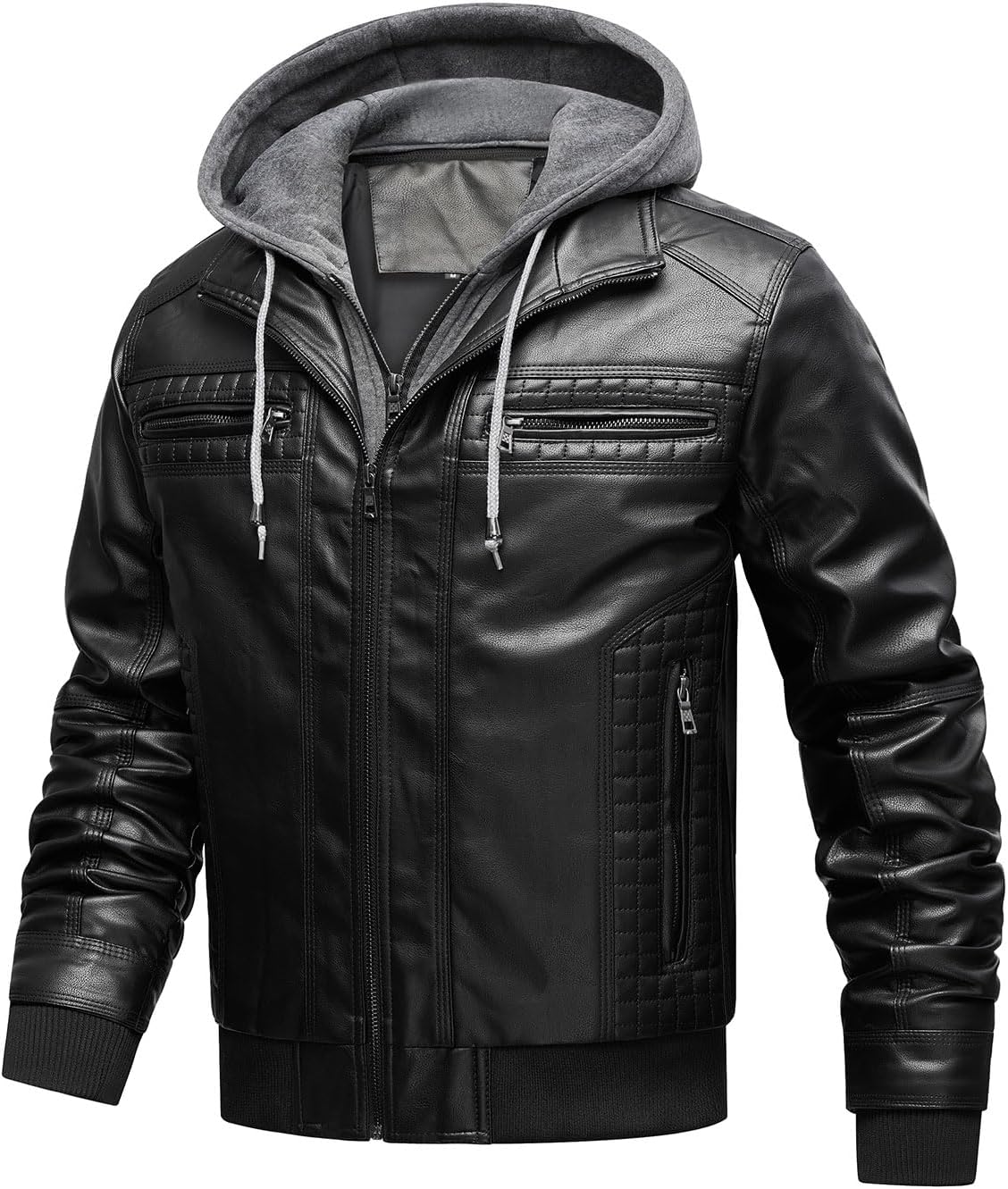 INVACHI Men's Leather Jacket Motorcycle Bomber Jacket Windproof PU Vintage Jacket with Removable Hood