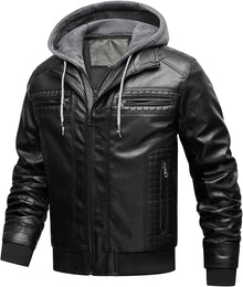 INVACHI Men's Leather Jacket Motorcycle Bomber Jacket Windproof PU Vintage Jacket with Removable Hood