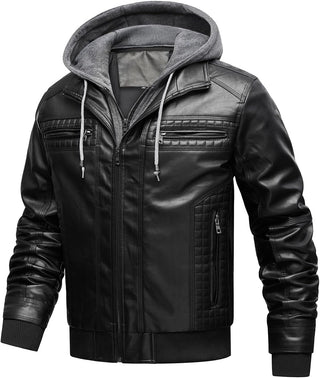 INVACHI Men's Leather Jacket Motorcycle Bomber Jacket Windproof PU Vintage Jacket with Removable Hood