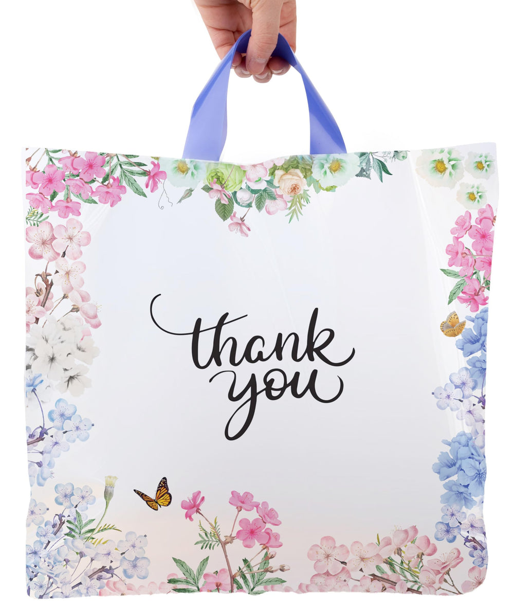Purple Q Crafts Thank You Bags With Soft Loop Handle for Business Retail, Boutique Bulk 50 Pack 15" W x 12" H Floral Plastic Shopping Bags/Gift Bags Perfect For Mothers Day