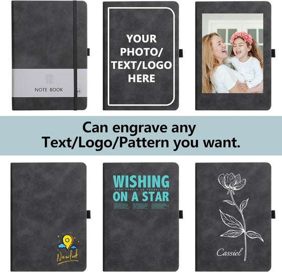 Personalized Notebook Custom Journal Notebook PU Leather A5 Can Customized with Logo/Text/Image- 192 Lined Pages 8.3 x 5.9 Inch, Pen Loop, Elastic Band, Black Hardcover - hover image
