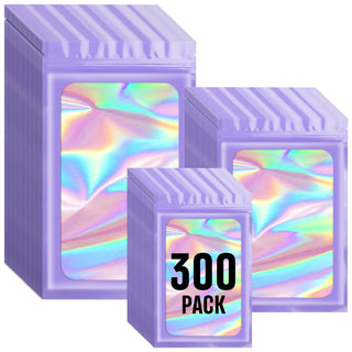 Funfery 300 Pack 3 Size Mylar Holographic Bags with Clear Window,Resealable Bag Smell Proof Bags Zipper Foil Baggie Packaging Pouch for Food Storage,Sample,Small Business(Black,3x4.7,4x6,4.7x7.9in)