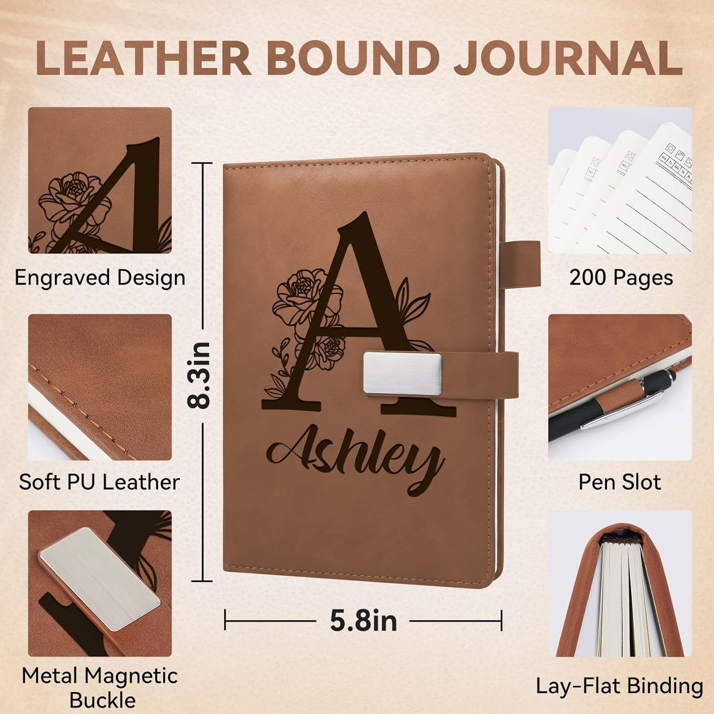 Custom Notebooks PU Leather Journal Engraved Name or Initials – Personalized Gift for Business, College, Travel, Work – Journaling Notebooks for Writing – Journal for Women, Men, Teens (Engraved)