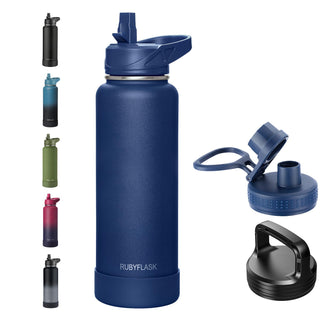 RUBYFLASK 32oz Insulated Water Bottle with Straw, Stainless Steel Metal Vacuum Water Flask, Large Thermal Water bottle with Leakproof 3 Lids for Travel, Camping, Gym Sports Indigo Black