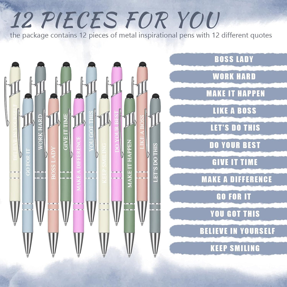 Zonon 12 Pcs Inspirational Pens Gift Set Funny Ballpoint Pen with Stylus Tip Motivational Graduation Gifts Bulk for Teacher Coworkers Nurse School Office Supplies(Morandi,Boss Lady)
