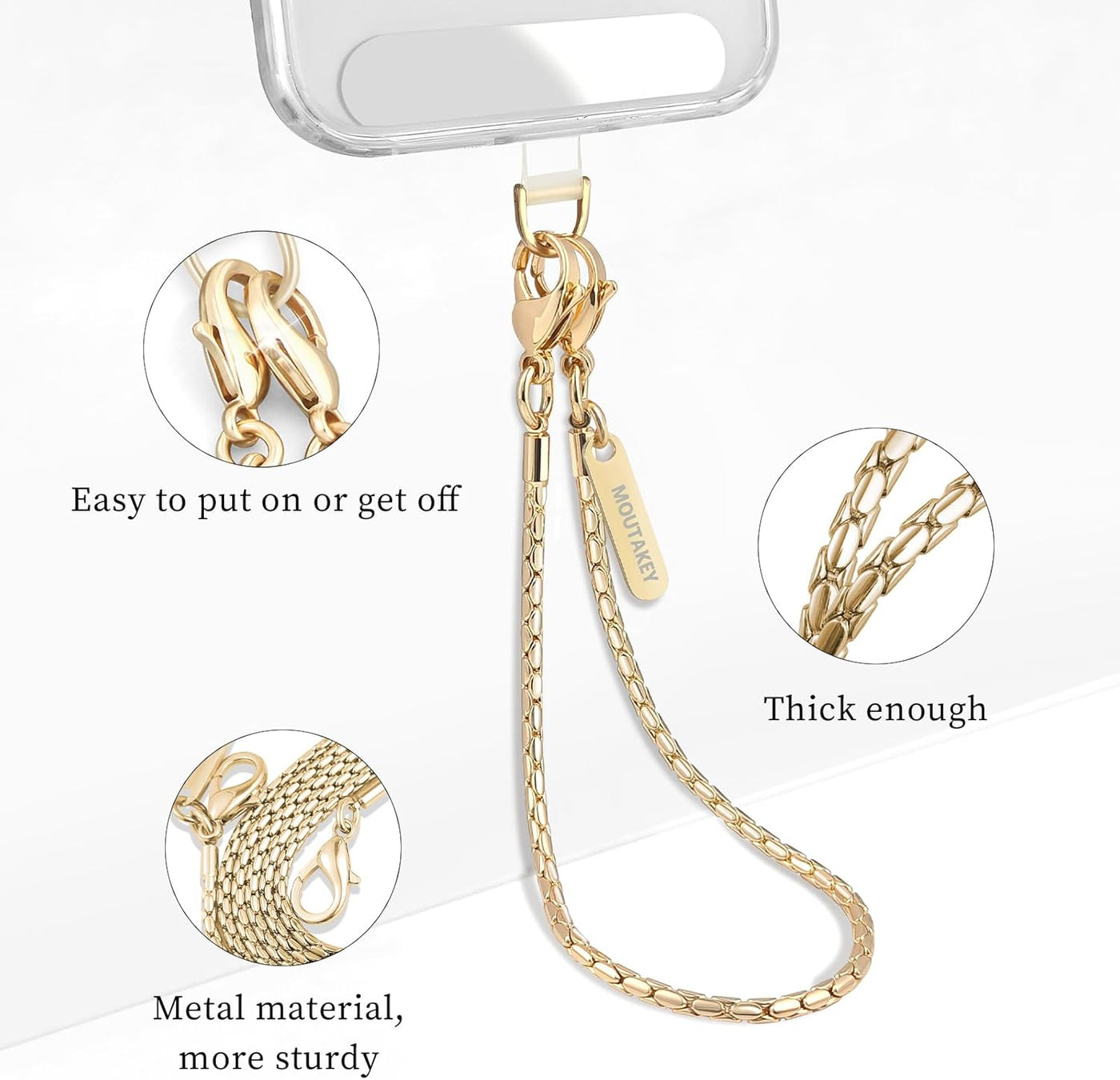 MOUTAKEY Phone Wrist Strap Metal Phone Chain Wristlet Strap Detachable iPhone Lanyard Wrist with 2 Tether Tabs iPhone Charm strap For Women girls Shopping Traveling Party Walking