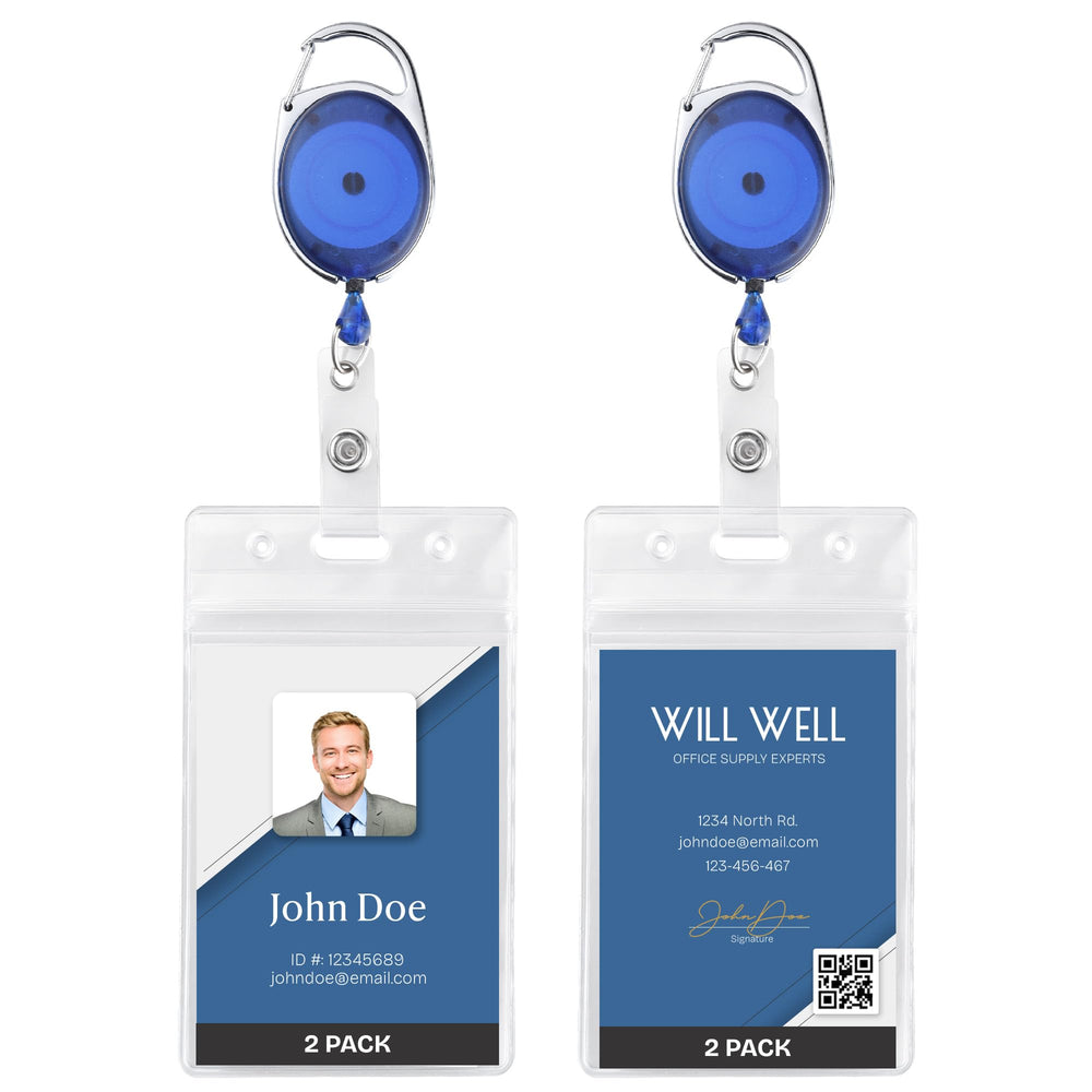 Will Well ID Badge Holders with Clip and Keyring - Vertical Clear Plastic 2.52" x 3.58" Sleeves Fit Up to 3 Cards - Retractable 24" UHMWPE Fiber Pull Cords for Easy Access - 2-Pack, Black Reels