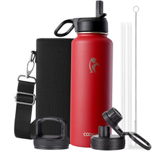 Water Bottle 40 oz Insulated with Straw&Brush, Coolflask Vaccum Stainless Steel Metal 3 Lids Water Flask for Sports, Gym or Office, Keep Cold 48H Hot 24H, Magic Black