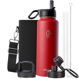 Water Bottle 40 oz Insulated with Straw&Brush, Coolflask Vaccum Stainless Steel Metal 3 Lids Water Flask for Sports, Gym or Office, Keep Cold 48H Hot 24H, Magic Black