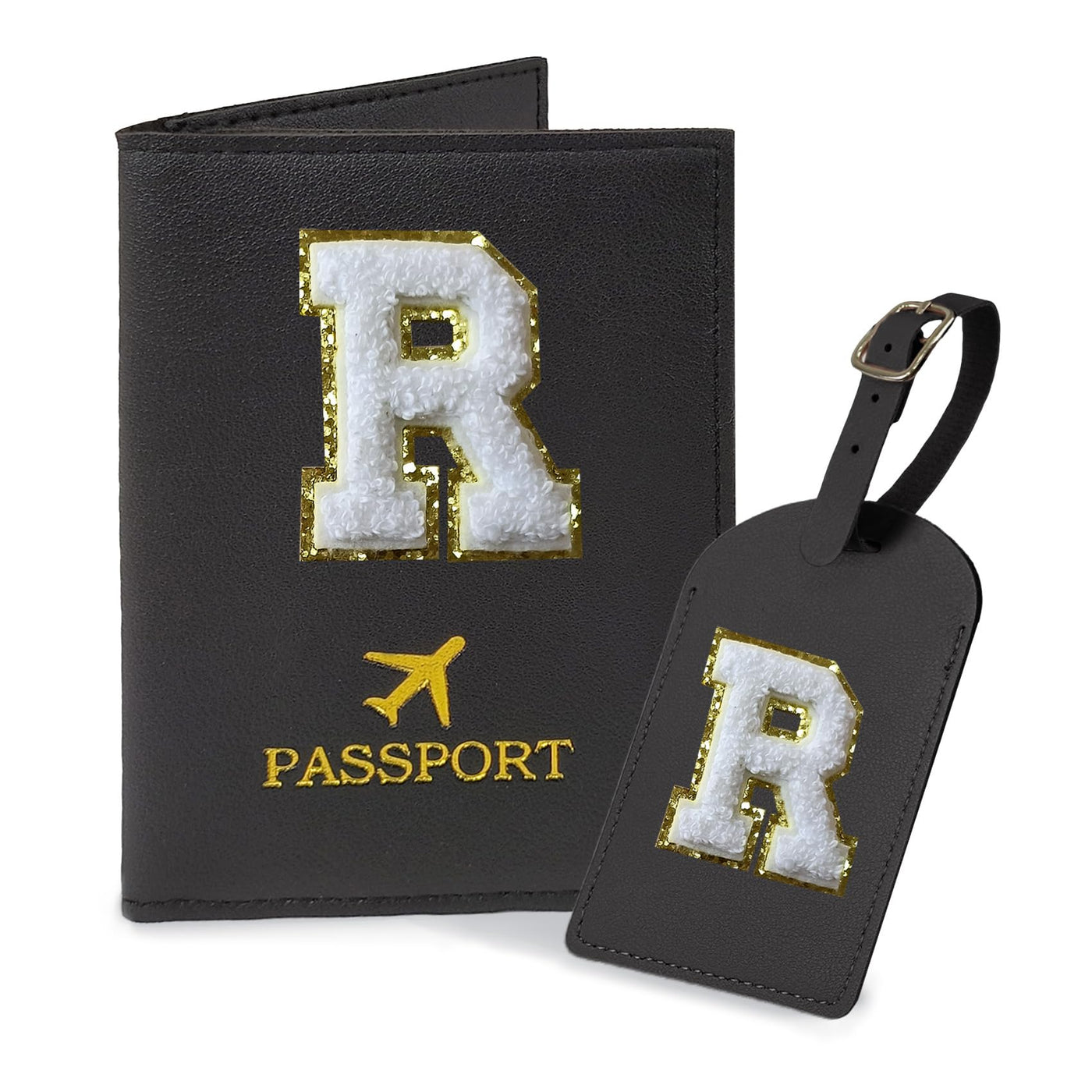 COSHAYSOO Purple Passport Cover Holder and Initial Luggage Tag Set TSA Approved with Personalized Monogram Chenille Letter Patch for Women Teen Girls, Cute Travel Bag Suitcase Identifier (A)