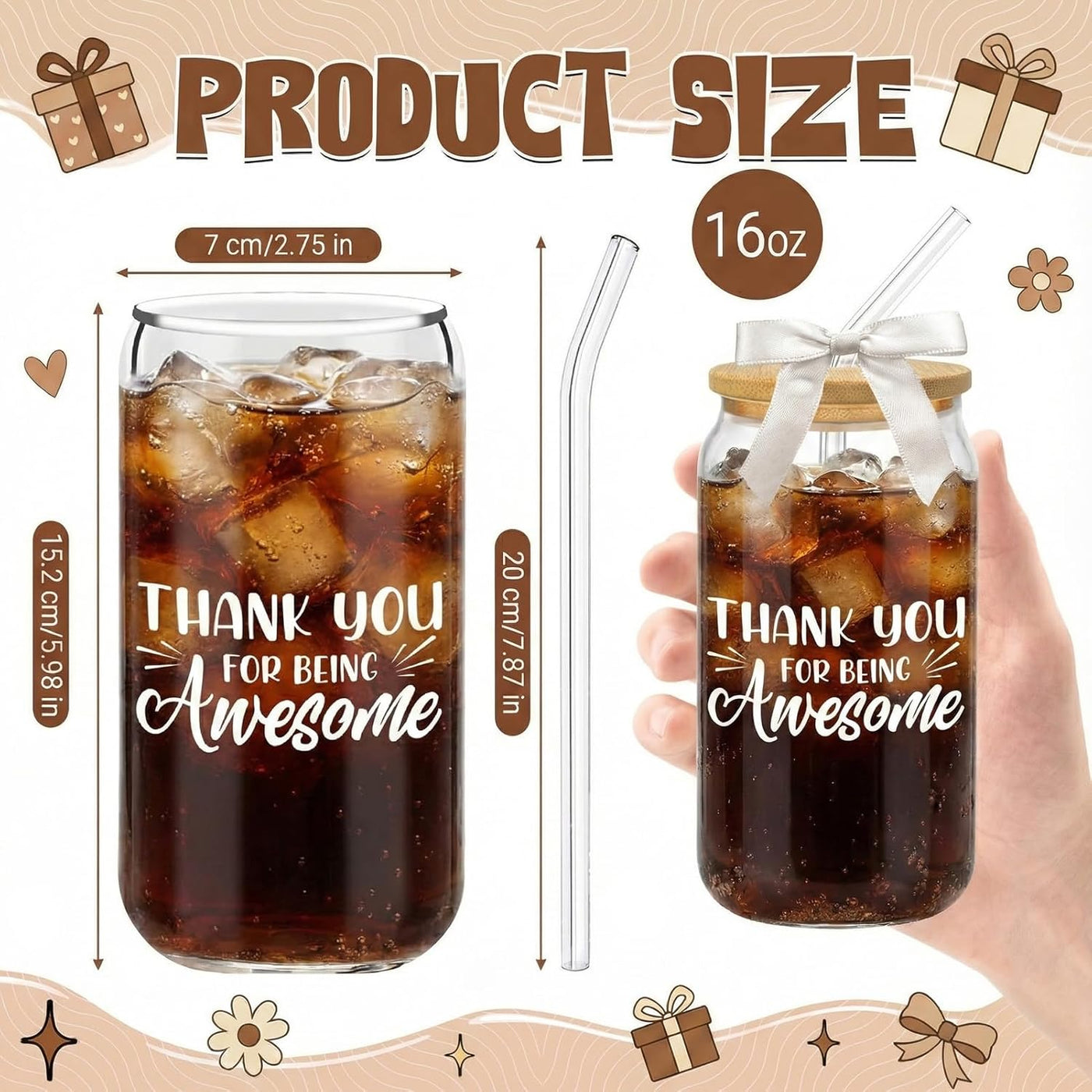 6Pcs Thank You Gifts Glass Cups with Lids and Straws 16oz Employee Appreciation Drinking Glasses Cups Thank You Iced Coffee Cup Tumbler Gifts for Employee Staff Coworkers Teachers Nurse