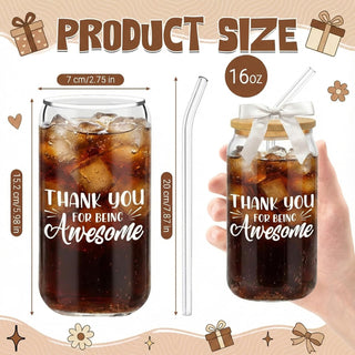 6Pcs Thank You Gifts Glass Cups with Lids and Straws 16oz Employee Appreciation Drinking Glasses Cups Thank You Iced Coffee Cup Tumbler Gifts for Employee Staff Coworkers Teachers Nurse