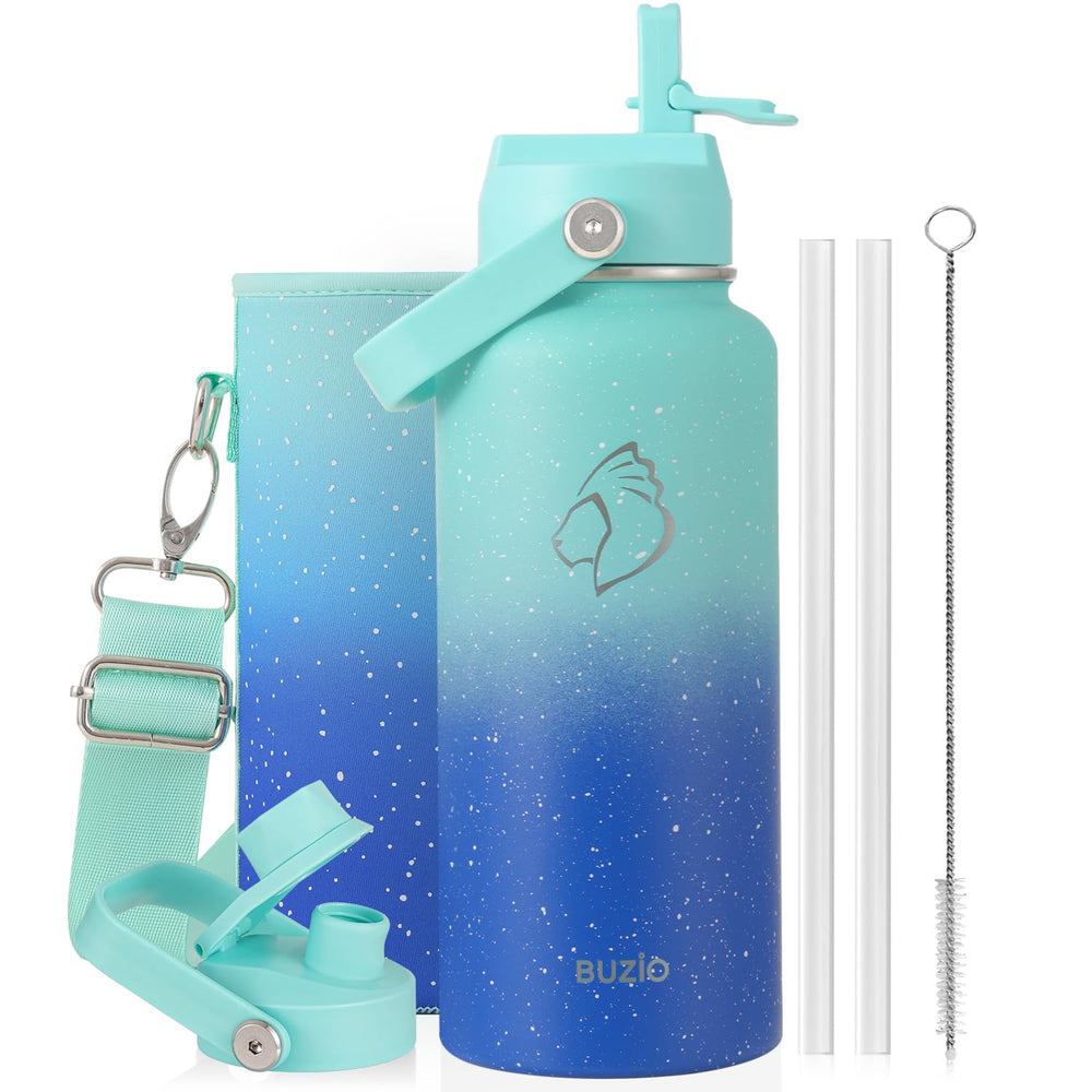 BUZIO 40oz Insulated Water Bottle, Triple Wall Vacuum Stainless Steel Water Flask with 2 lids, Lead-Free BPA-Free Straw Lid Sports Canteen Jug, Cold 48H & Hot 24H- Black