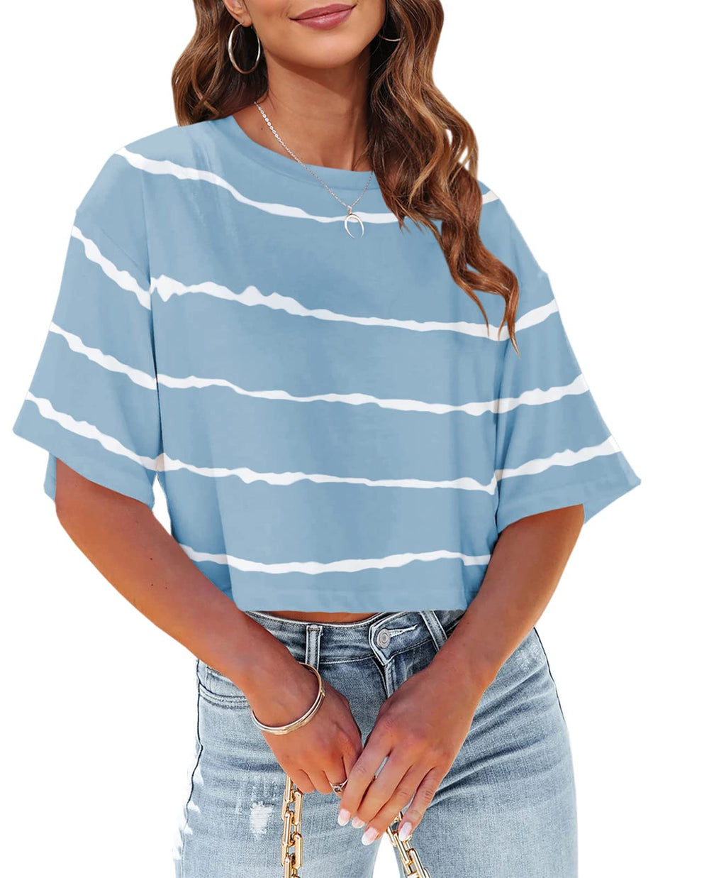 Tankaneo Women Half Sleeve Cropped T-Shirts Drop Shoulder Round Neck Crop Tops Casual Summer Solid Color Basic Tees
