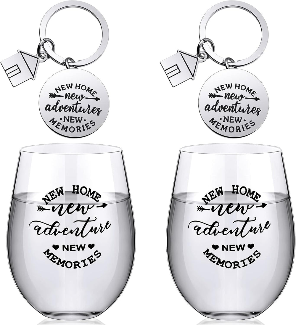 Lallisa 4 Pcs Housewarming Gifts for New House 2 Stemless Wine Glasses Bottle and 2 New Home Keychain Adventures Keyrings for Newlywed Couple, Friends, Apartment Homeowner Newlywed