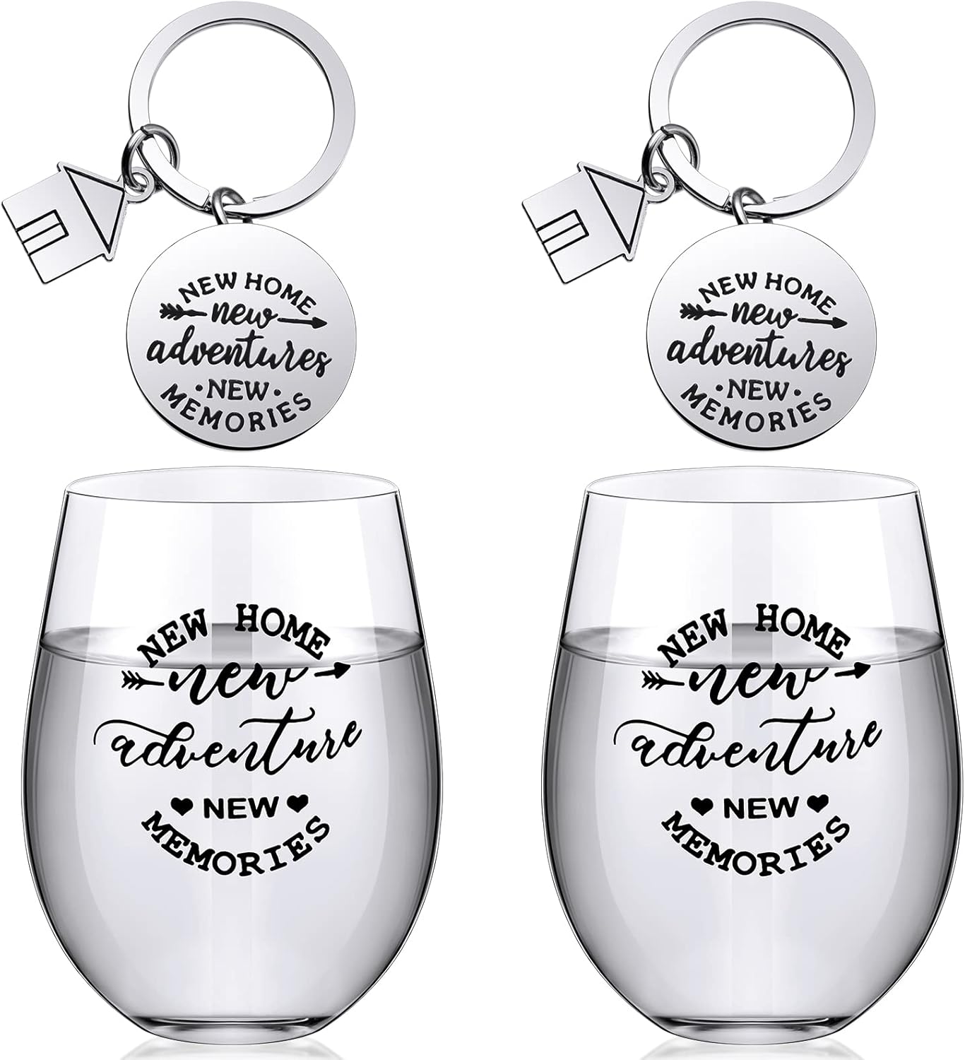 Lallisa 4 Pcs Housewarming Gifts for New House 2 Stemless Wine Glasses Bottle and 2 New Home Keychain Adventures Keyrings for Newlywed Couple, Friends, Apartment Homeowner Newlywed