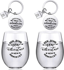 Lallisa 4 Pcs Housewarming Gifts for New House 2 Stemless Wine Glasses Bottle and 2 New Home Keychain Adventures Keyrings for Newlywed Couple, Friends, Apartment Homeowner Newlywed